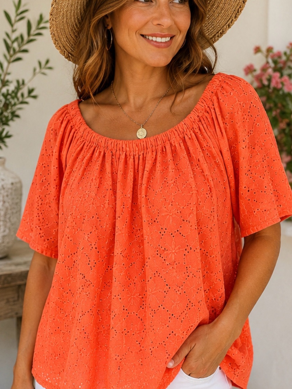 Grand & Greene Coral Orange Eyelet Peasant Blouse Boho Off Shoulder Top Large